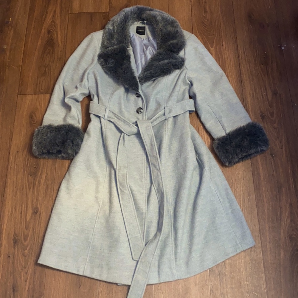 Lane Bryant Long Gray Faux Fur Trimmed Dress Wrap Coat Size 18/20